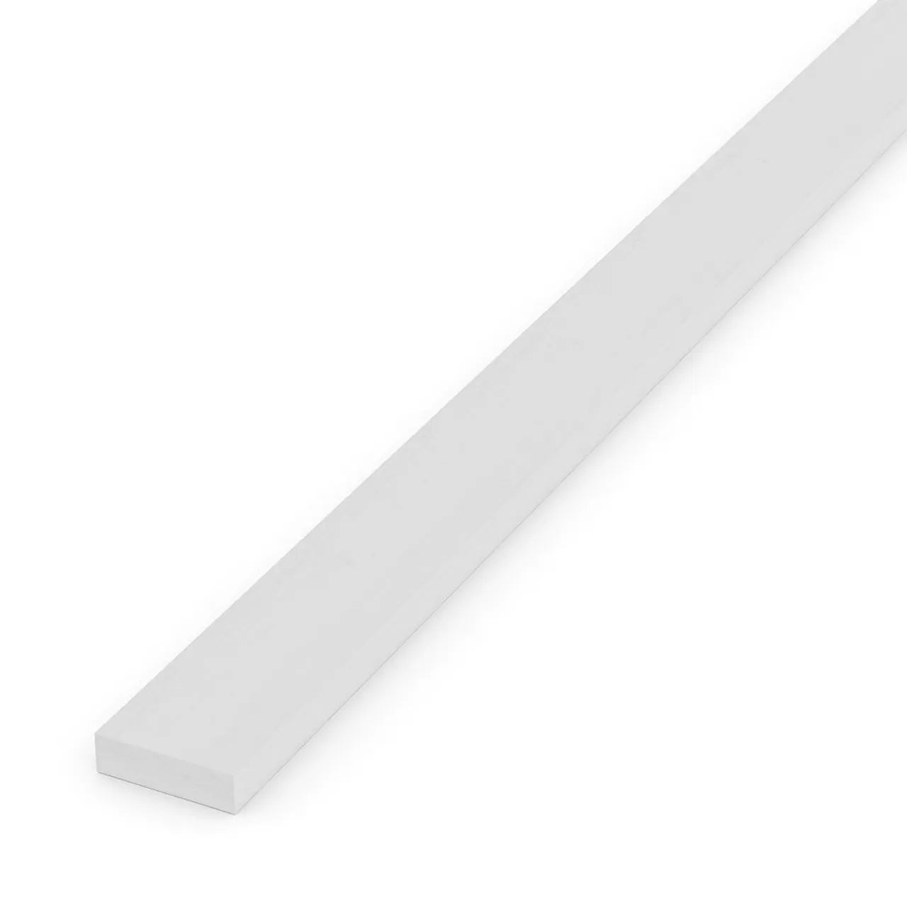 The Go Build 1 in. x 3 in. x 8 ft. Trim Board Primed Finger-Jointed Pine is displayed diagonally against a plain white background, showcasing its long, flat rectangular shape and smooth white finish.